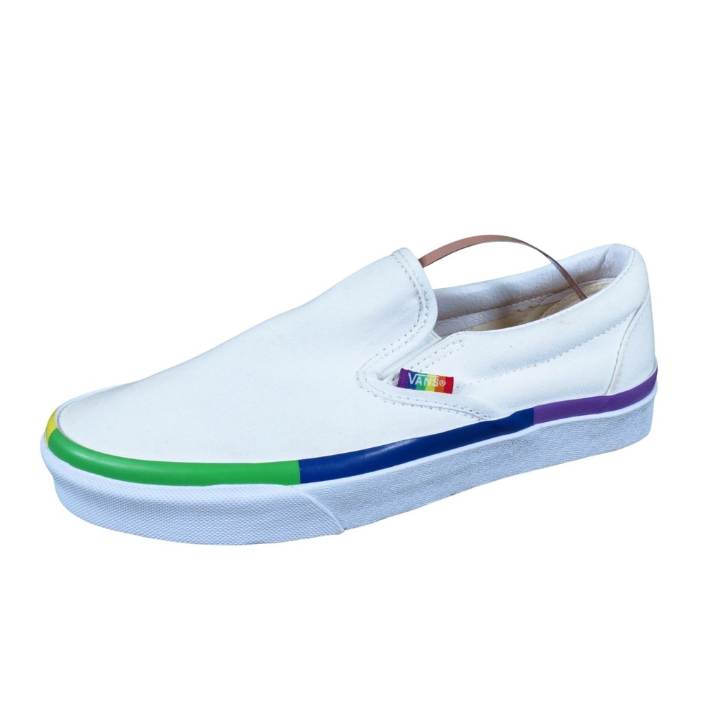 Vans Classic Slip-On Women Shoe Sz 8.5 Pride Rainbow Foxing White Canvas Sneaker